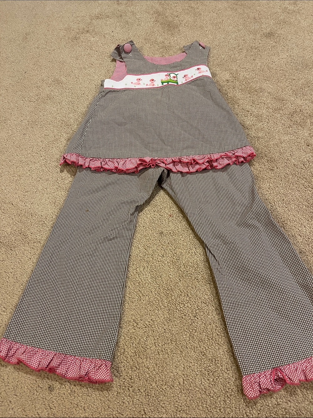 Girls Pink-Trim Gingham Pants Set